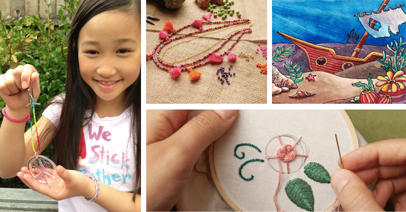 A collage of pictures of children making crafts.