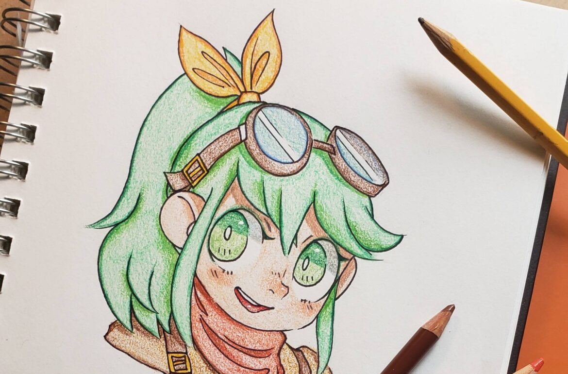 A drawing of a girl with green hair and goggles.