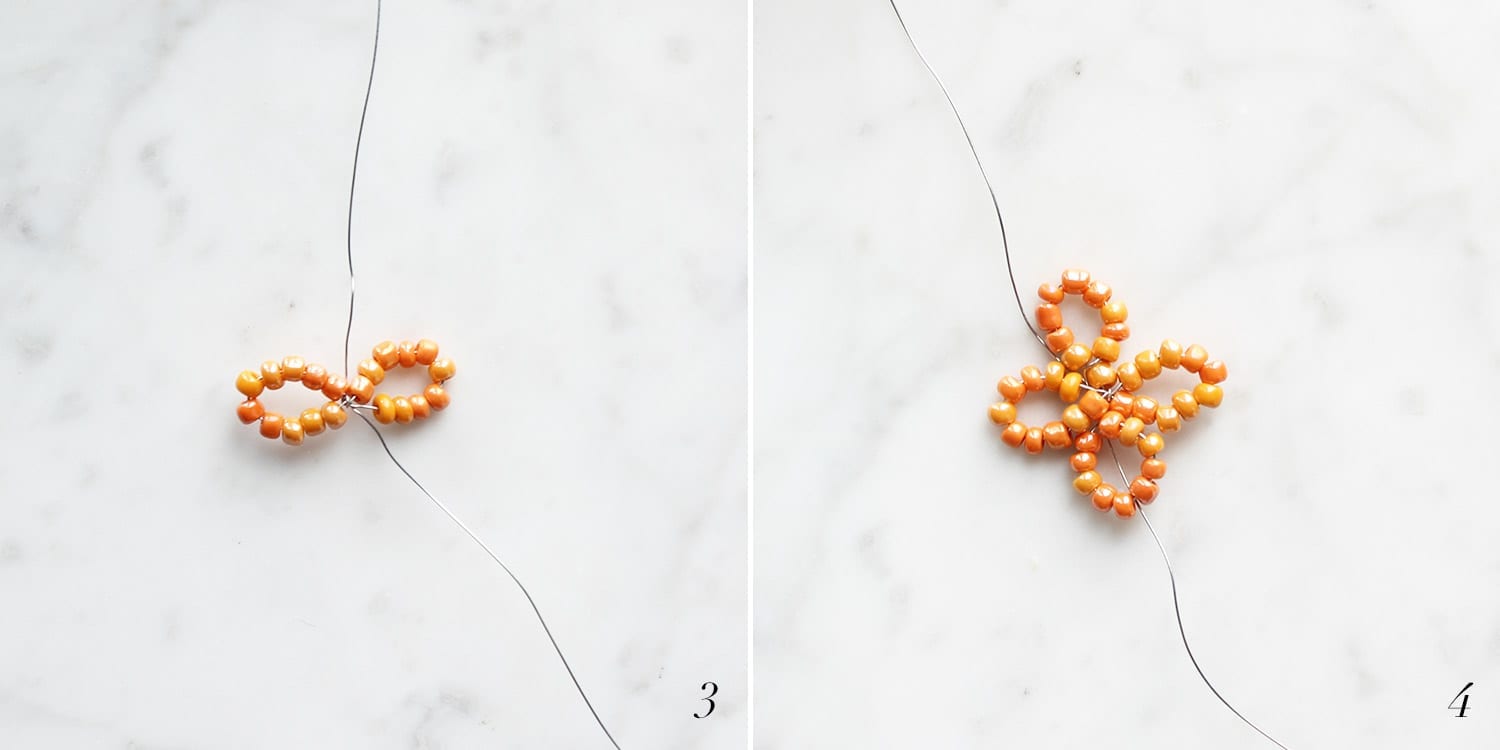 Orange beads being twisted into a beaded flower