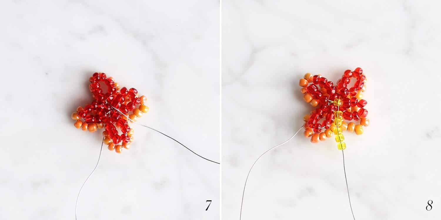 Making an orange, red, and yellow beaded flower