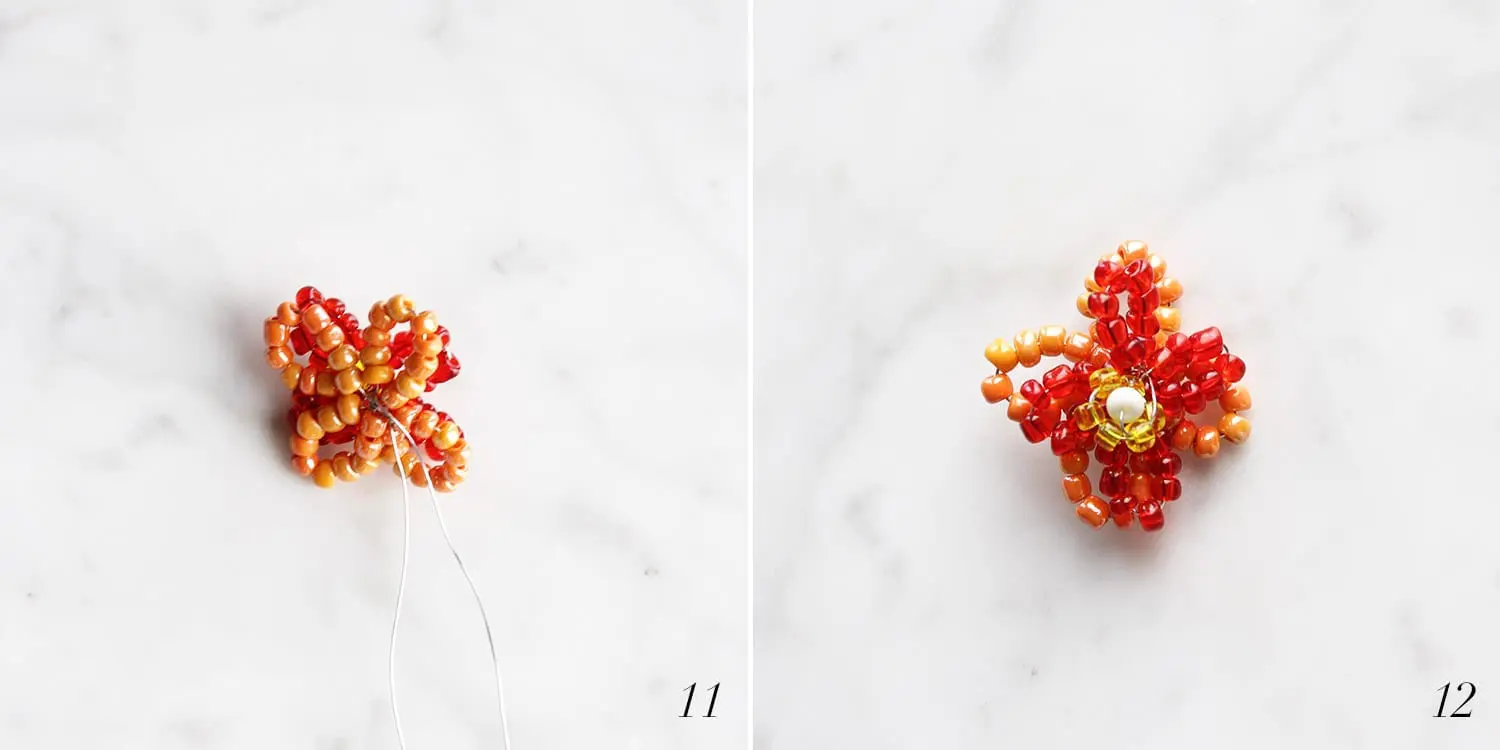 Orange, red, yellow and white beads being used to create a rounded beaded flower