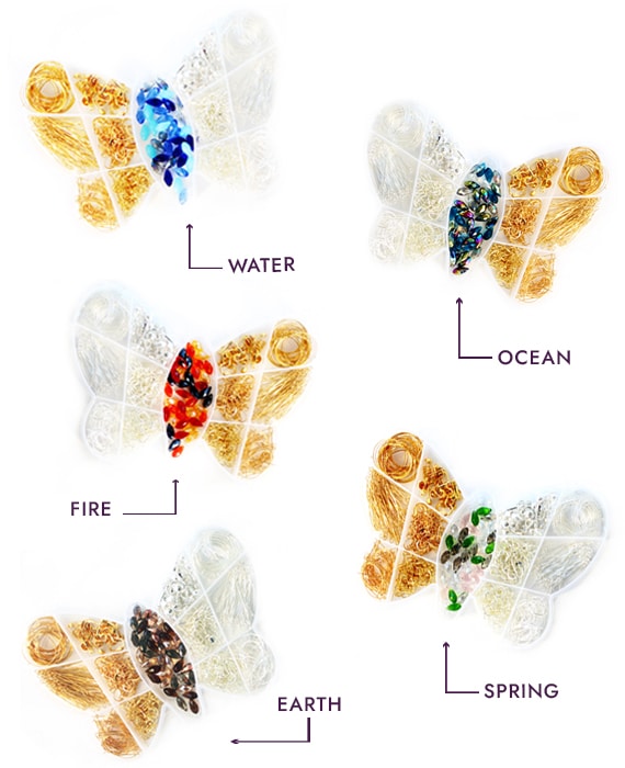 A set of butterflies with different colors of water, fire, earth, and air.