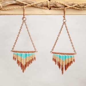 A pair of copper and turquoise beaded earrings hanging from a wooden board.