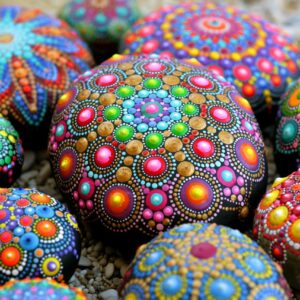 A group of colorful rocks with designs on them.